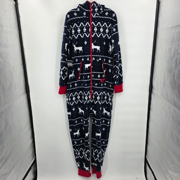 TIPSY ELVES Blue Reindeer Fleece Hooded One Piece Jumpsuit Pajamas Men's L NWT - Picture 2 of 10